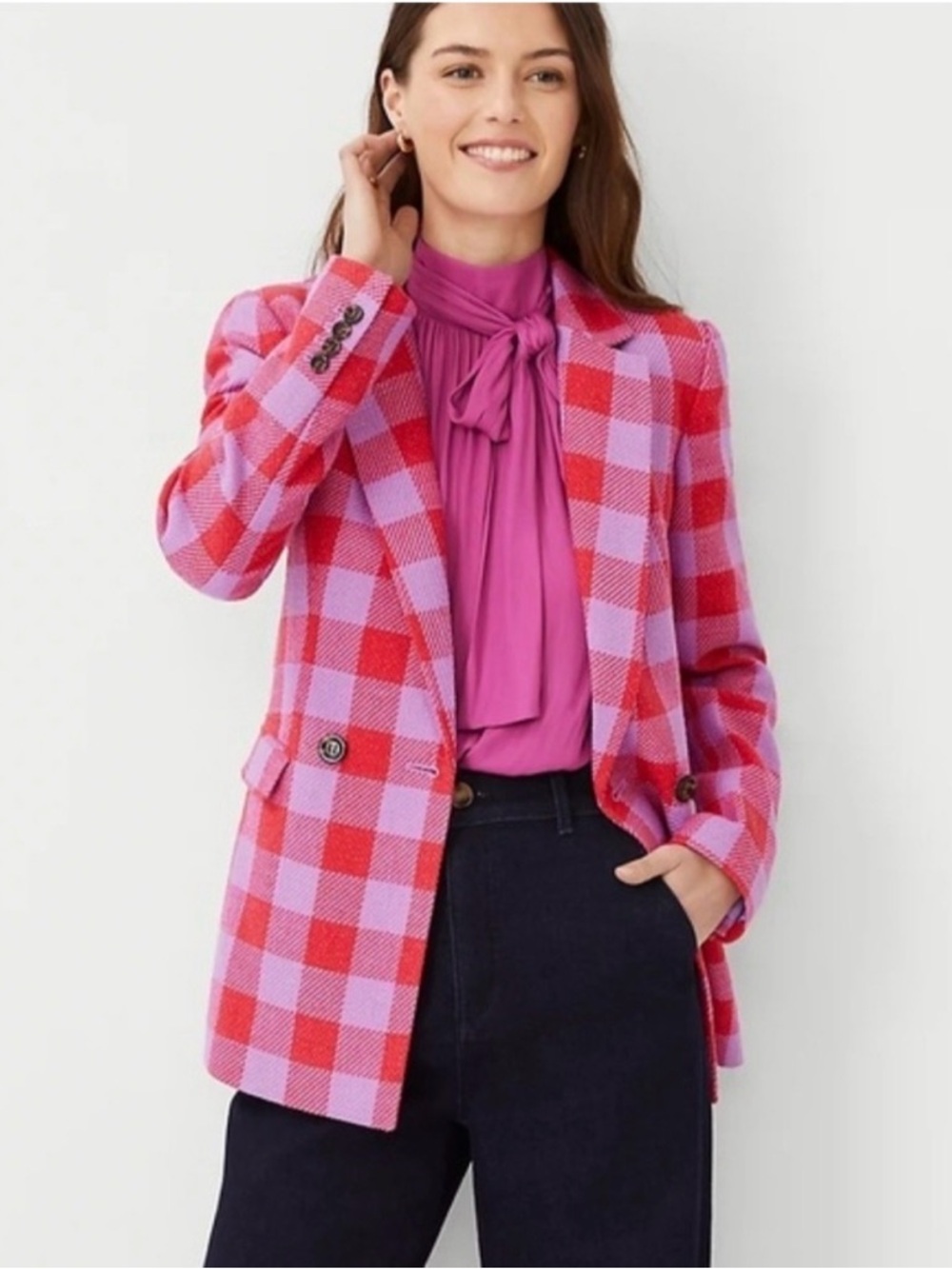 ANN TAYLOR Plaid Blazer | 12P | Pink & Lilac Check | Tailored Preppy Statement